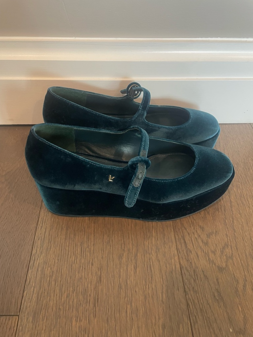 Larroude Blair Teal Velvet Mary Jane Flatform with Strap - Picture 2 of 5